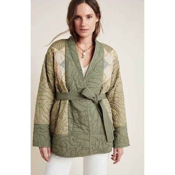 Anthropologie Quilted Patchwork Kimono Jacket Moss Green Sz Large NEW LP Petite - Picture 12 of 13
